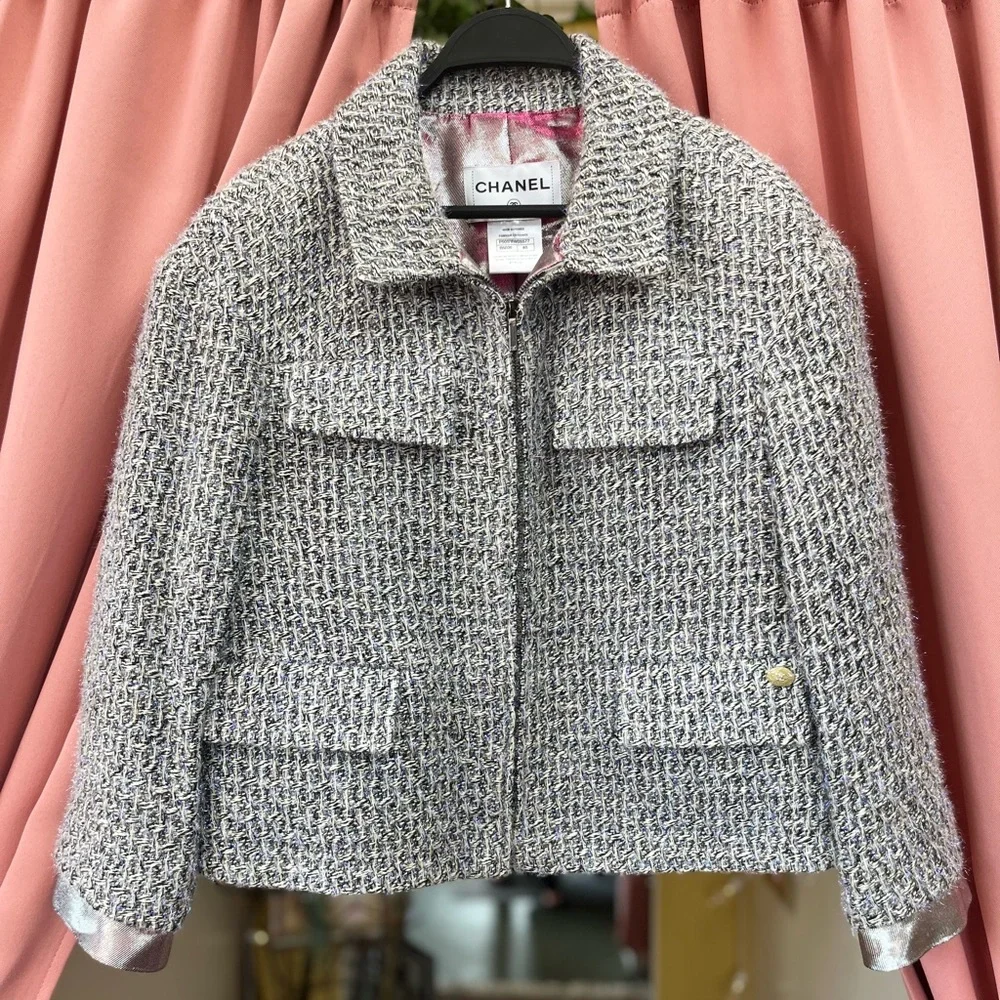 CHANEL Fantasy Tweed Jacket Gray and Metallic and Skirt Set